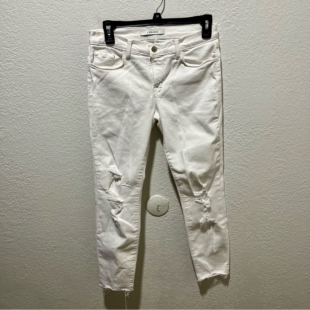 J Brand White Distressed Cropped Ankle Raw Hem Jeans